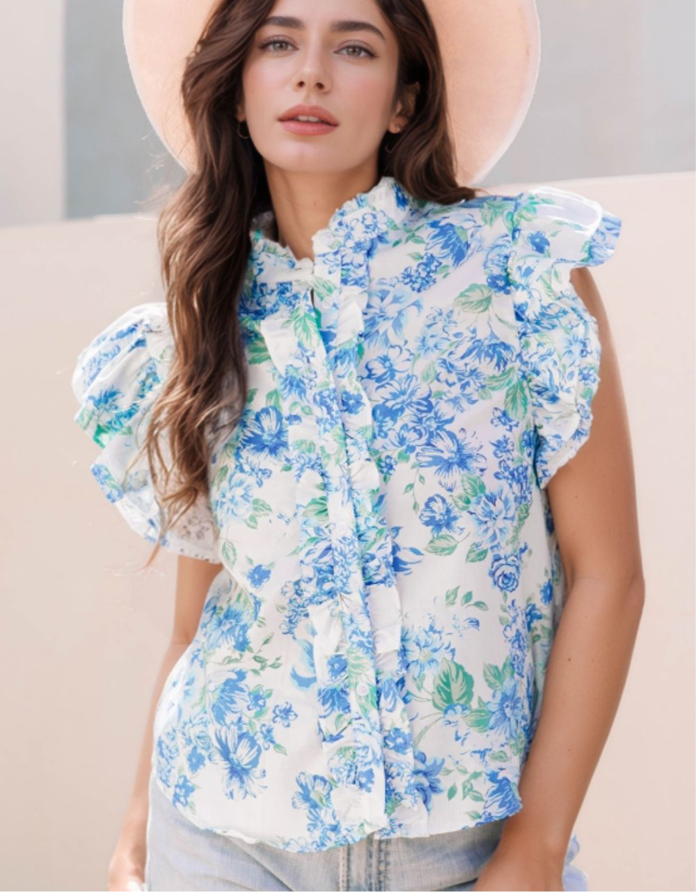 Floral Print Ruffle Sleeve Frilly Button Up Shirt