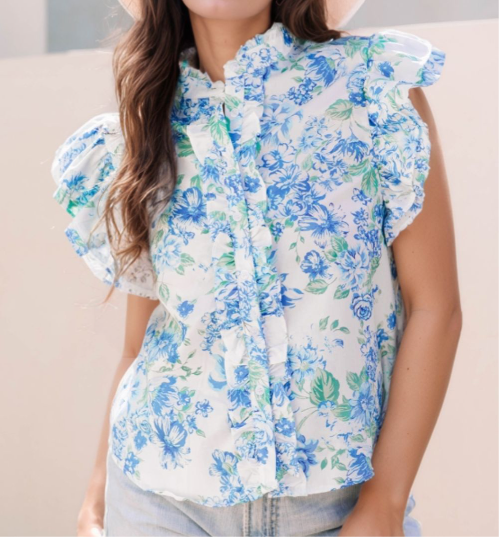 Floral Print Ruffle Sleeve Frilly Button Up Shirt